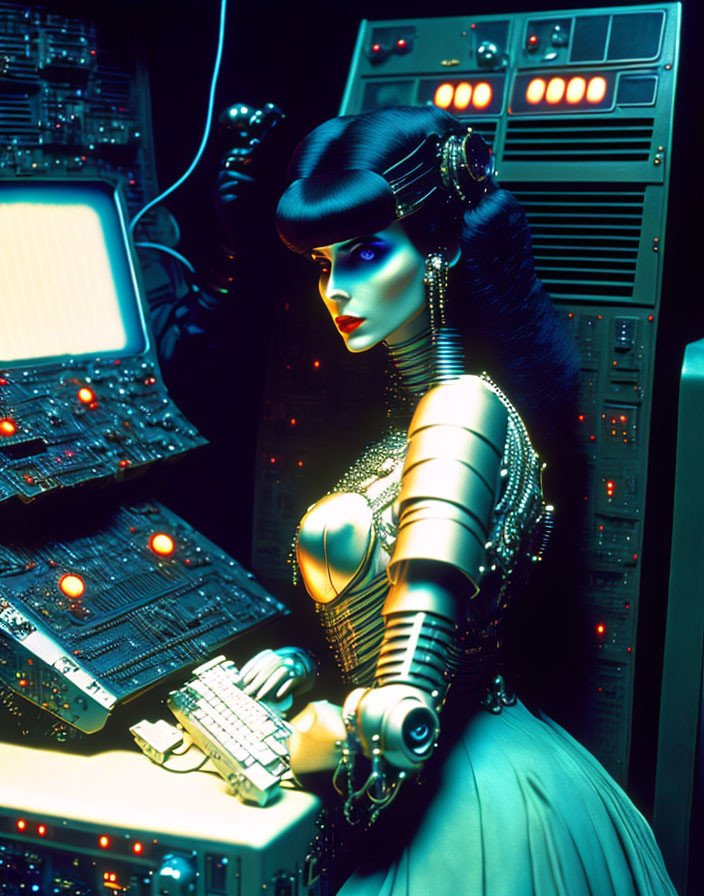 Female Android with Cybernetic Enhancements at Control Panels