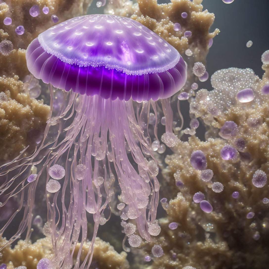 Translucent purple jellyfish with luminous tentacles near coral surface