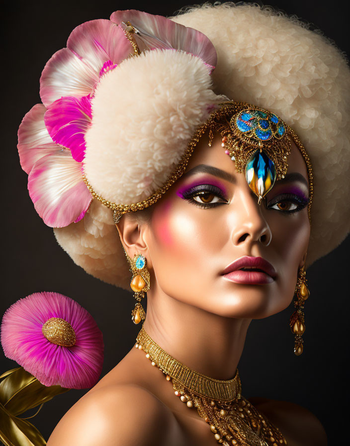 Woman with Striking Makeup and Ornate Jewelry, Adorned with Pastel Flowers in Volum