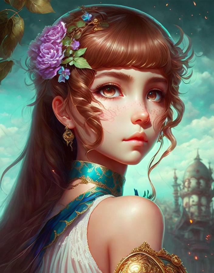 Girl with Big Brown Eyes and Floral Accessory in Fantasy Setting