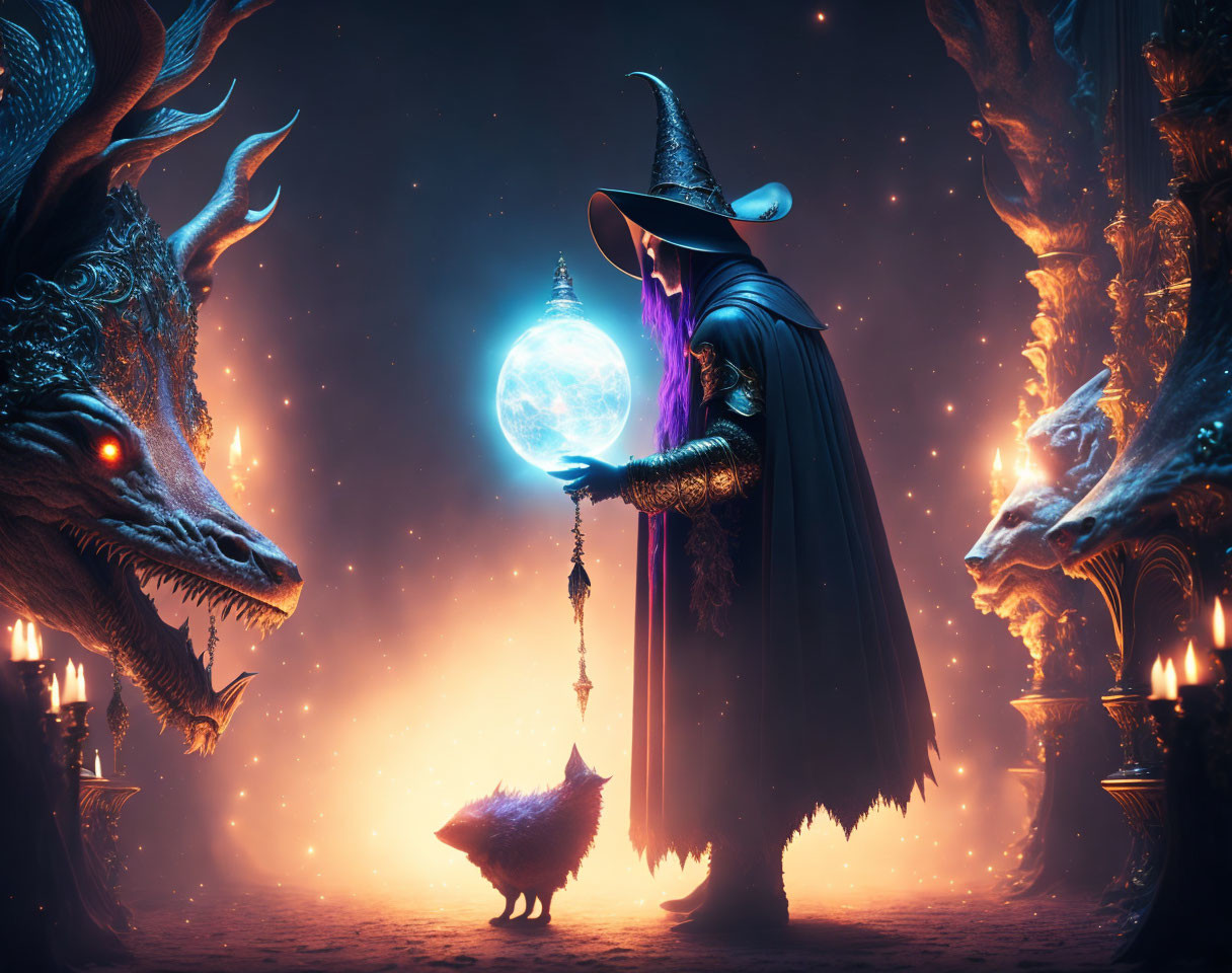 Wizard with glowing orb confronts dragon in fiery setting with mystical creature