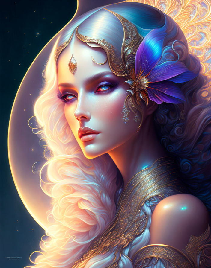 Fantasy portrait of woman with pale skin, gold jewelry, purple flower, and full moon backdrop