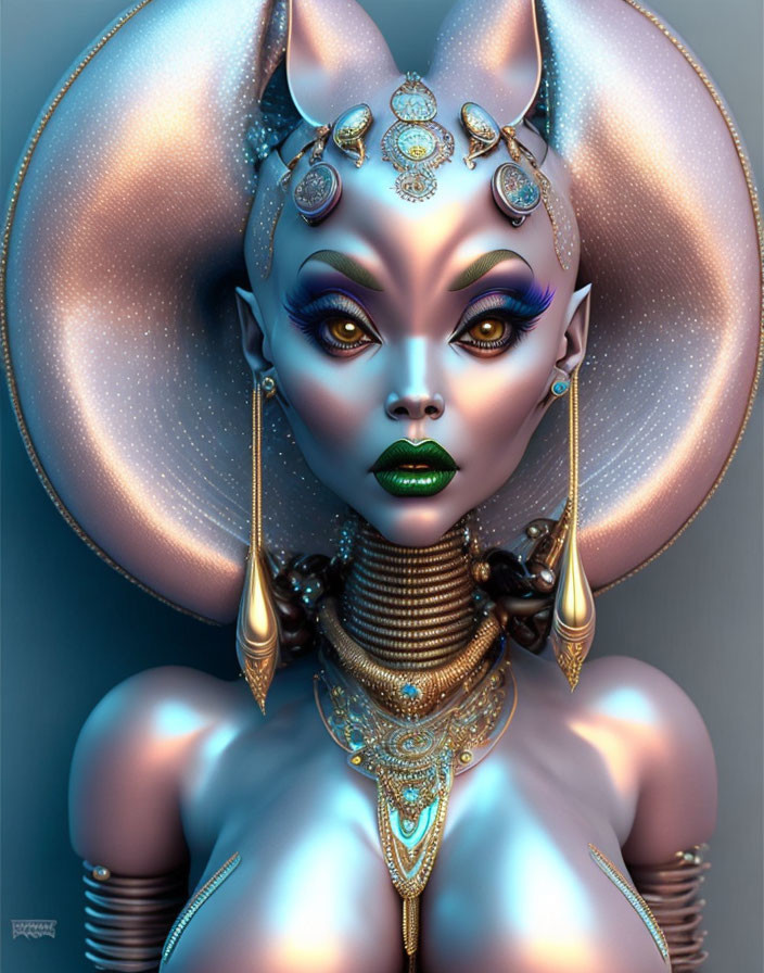 Elaborate headdress and blue-skinned female figure in digital art portrait