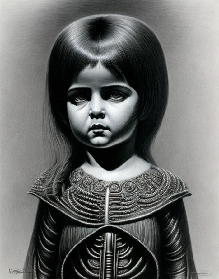 Monochrome illustration of a young girl in medieval knight armor