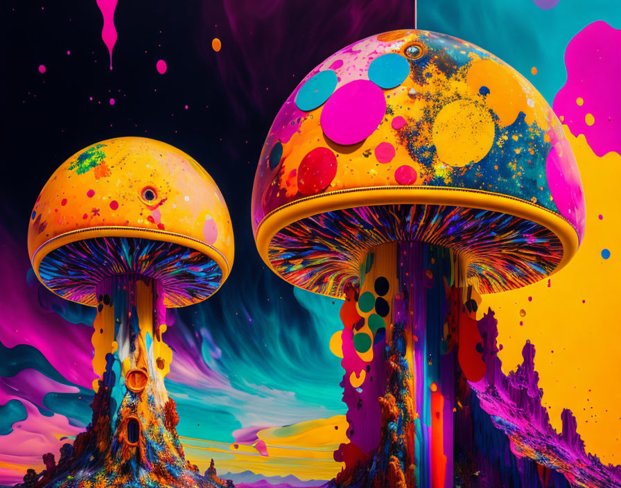 Colorful Psychedelic Mushrooms on Surreal Background