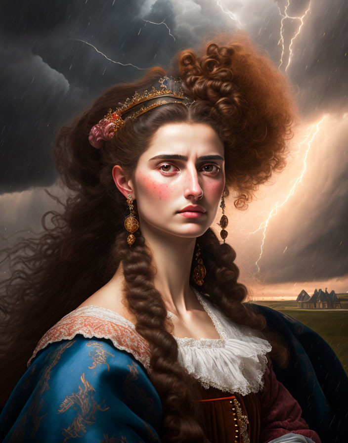 Regal woman in blue gown with golden crown against stormy sky