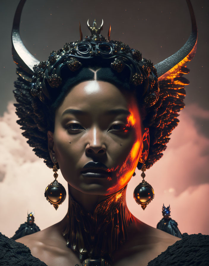 Portrait of woman with elaborate horned headdress and glowing red illumination, set against moody sky.