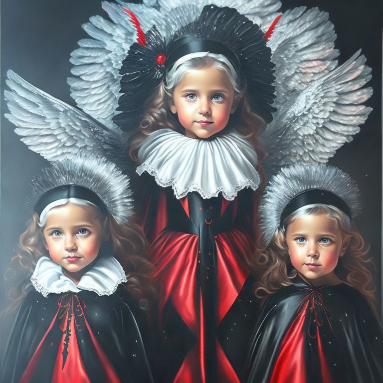 Three girls in historical costumes with large collars and red-black dresses in an eerie setting.