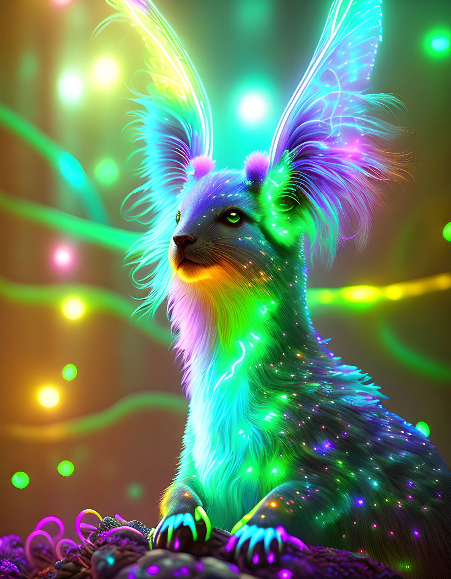 Fantasy creature with neon fur in magical setting