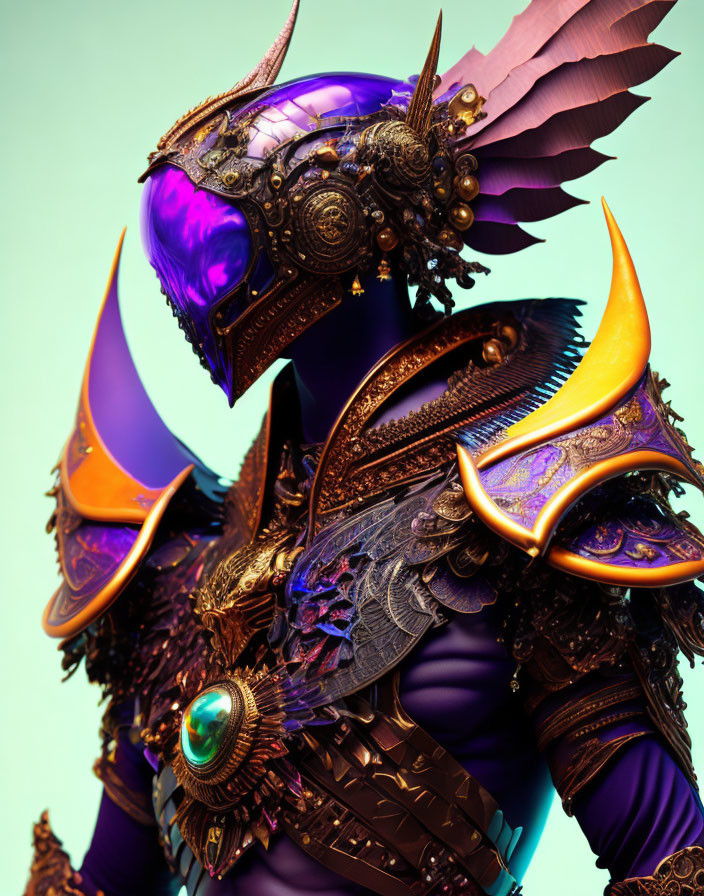 Digital artwork featuring character in purple and gold fantasy armor