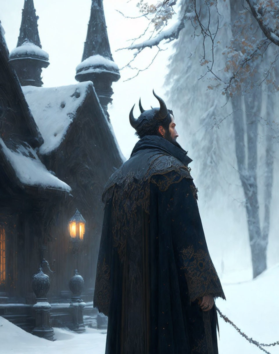 Person in dark cloak with horns by lantern-lit cabin in snowy landscape