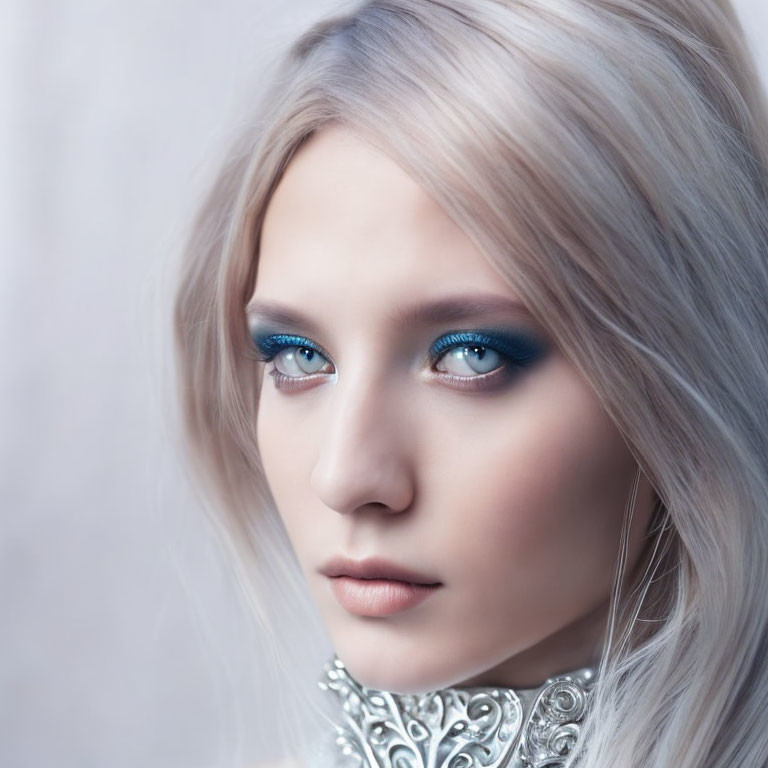 Close-Up Portrait of Person with Blue Eyes, Pale Skin, Pastel Hair, Silver Necklace