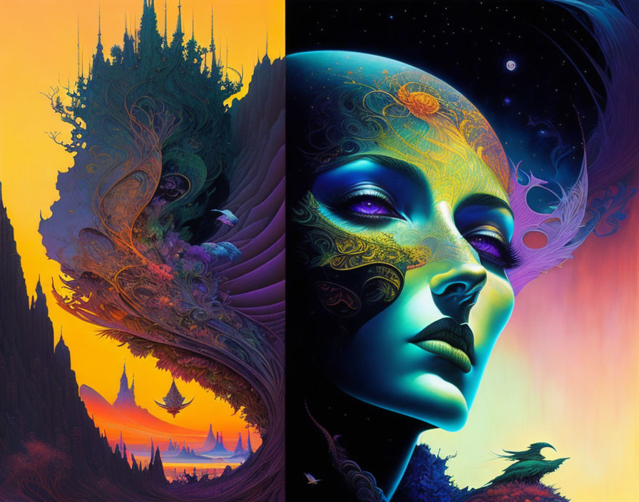 Surreal artwork featuring castles and cosmic woman's face