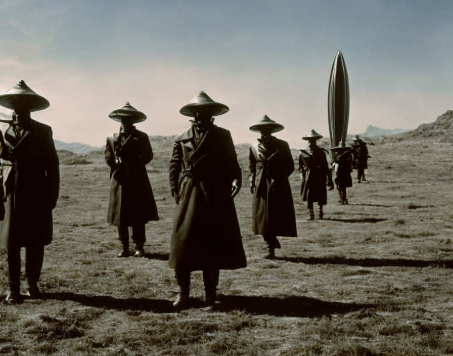 Figures in Wide-Brimmed Hats and Trench Coats Confront Monolithic Structure