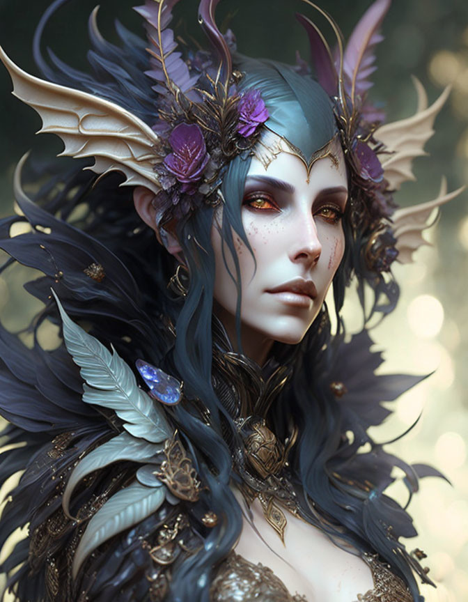 Fantasy portrait of female character with blue skin and golden eyes wearing ornate feathered headdress.