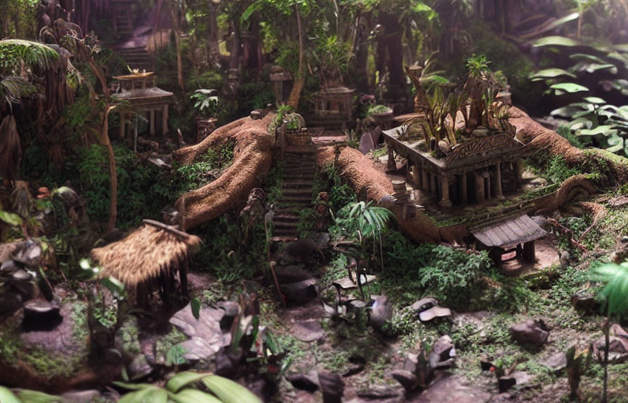 Detailed miniature model of an ancient jungle temple with lush greenery