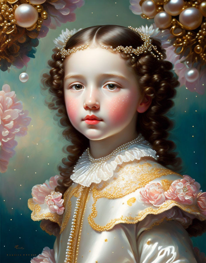 Portrait of Young Girl in Vintage Dress with Pearl Adornments