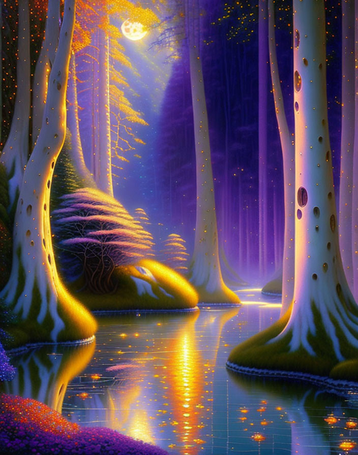 Vibrant fantasy landscape with luminescent trees and glowing moon