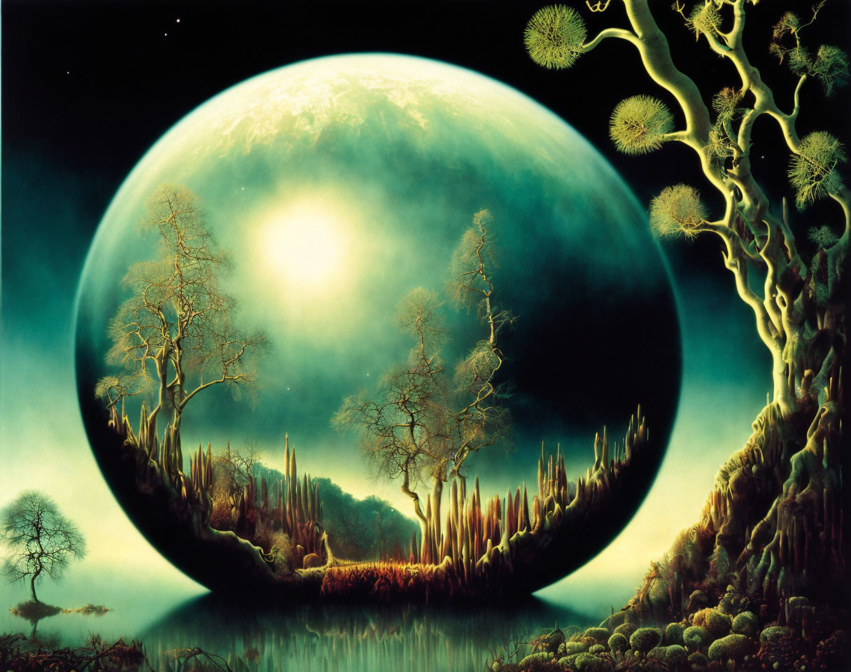 Surreal landscape with luminous planet, bare trees, unusual foliage, and reflective water