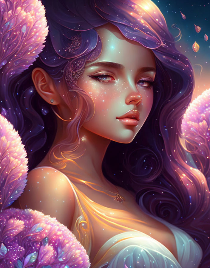 Illustrated female figure with purple skin, adorned by sparkling details amidst pink flowers and mystical glow.