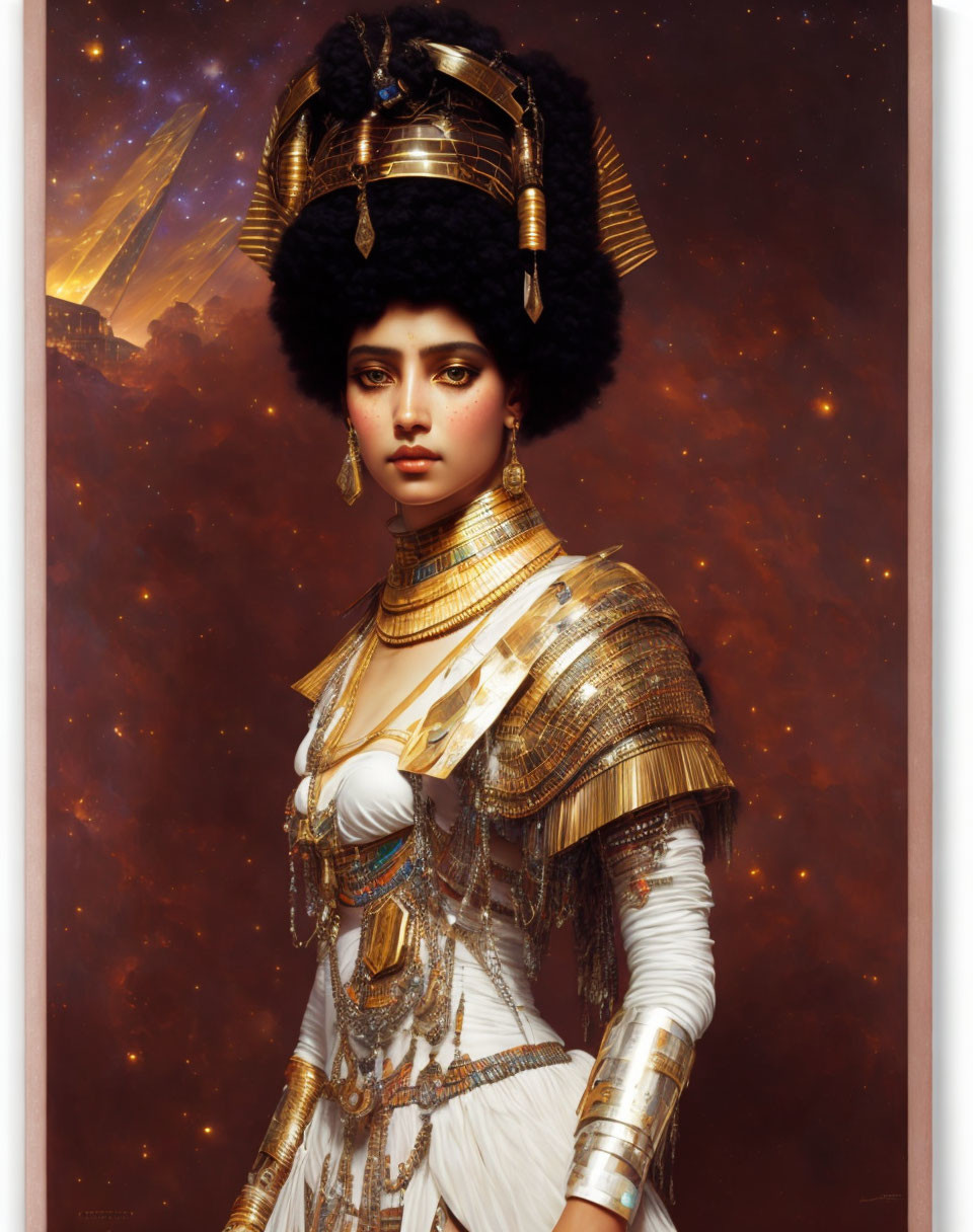 Woman in sci-fi golden headdress and armor against cosmic backdrop