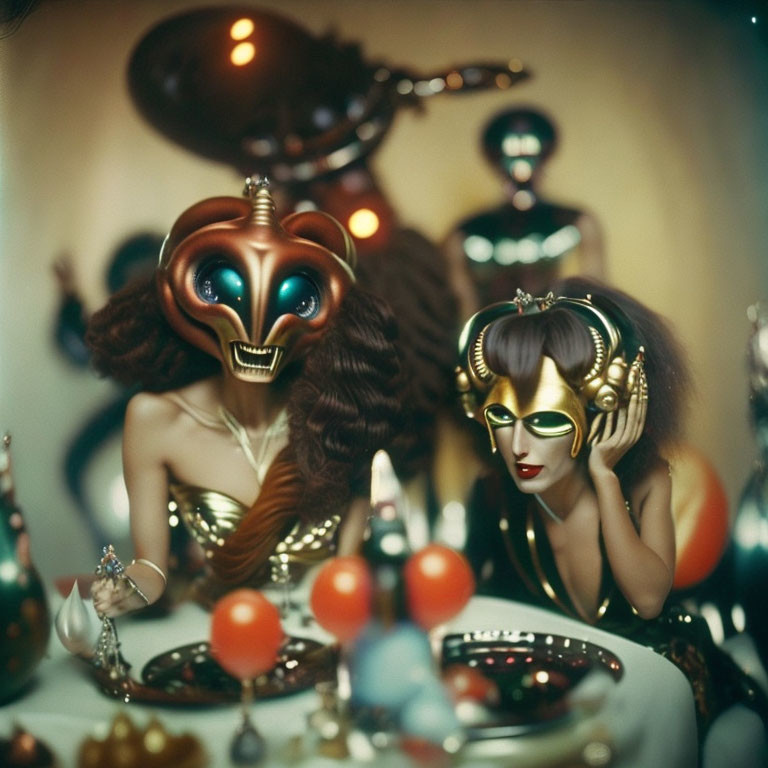 Surreal masked figures at eclectic banquet table