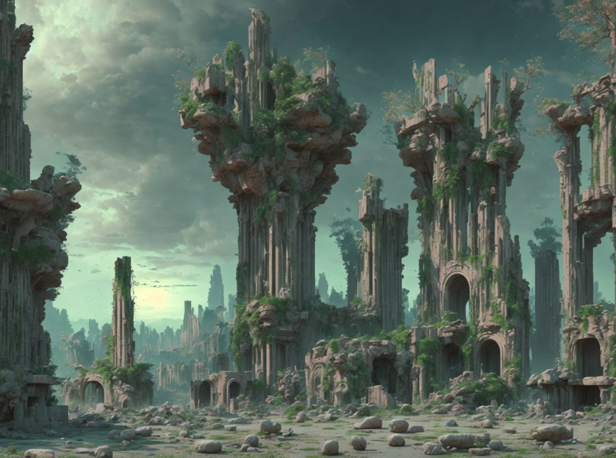 Majestic ancient ruins in lush, misty landscape