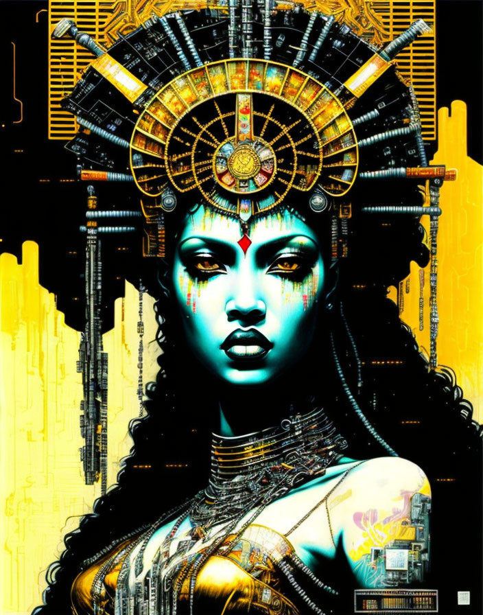 Digital artwork: Woman with cybernetic features and ornate headdress