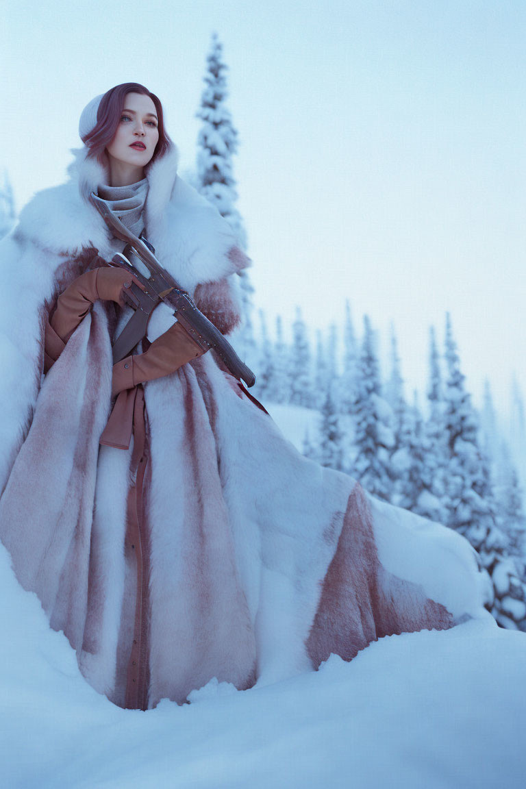 Person in Elegant Fur Coat Holding Gun in Snowy Landscape