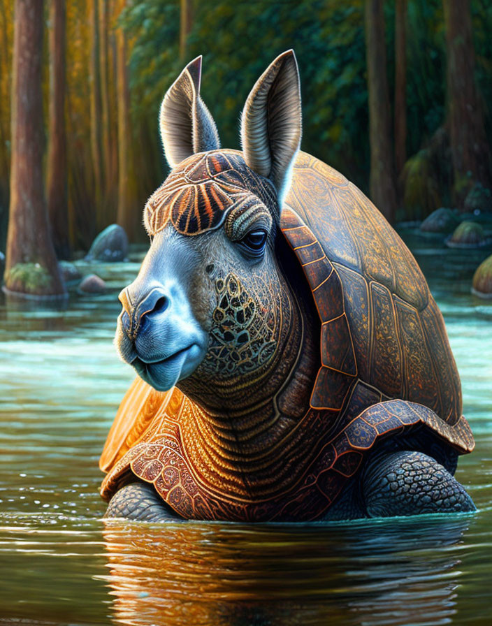 Surreal animal illustration: llama-headed creature with turtle shell in water and forest.