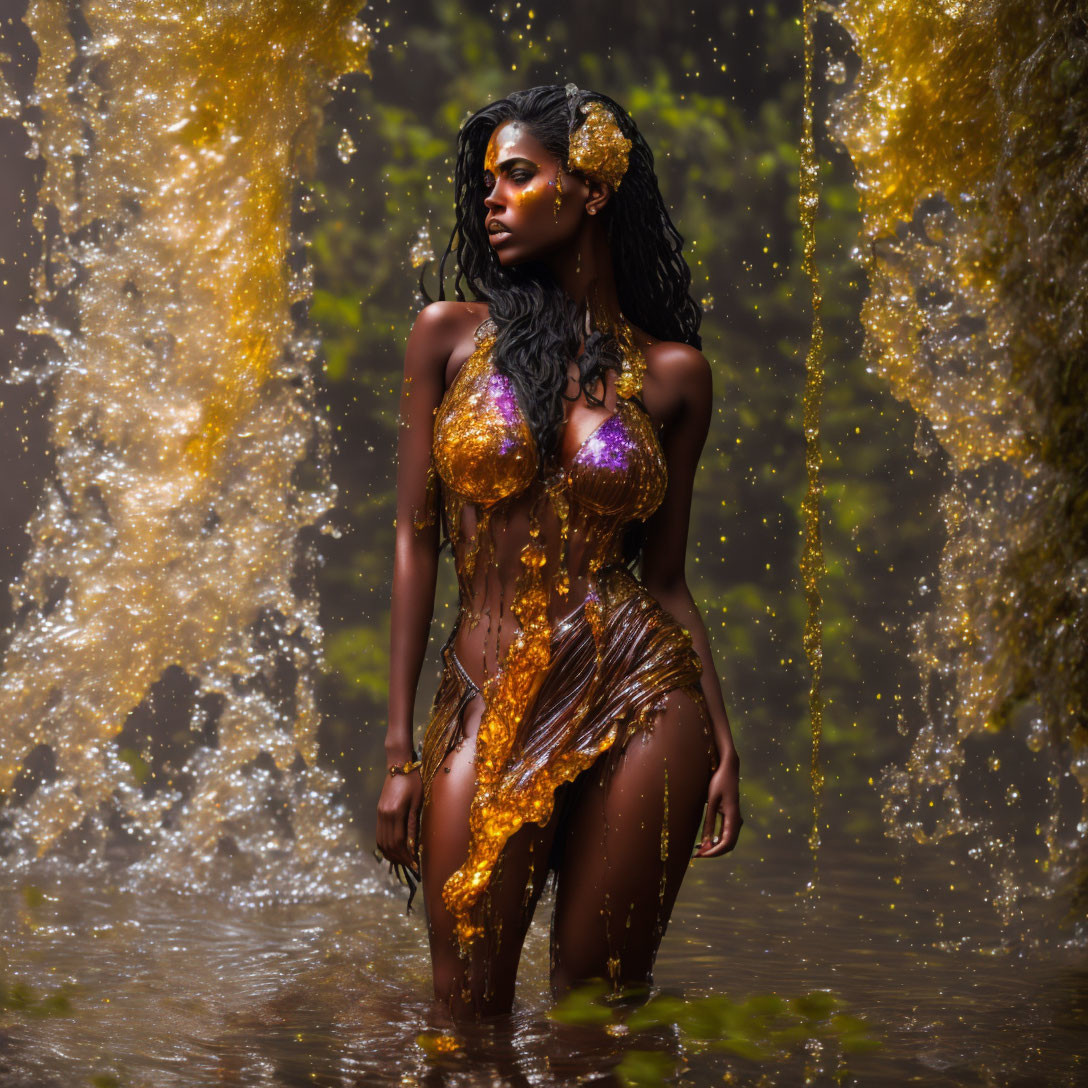 Golden body paint woman posing in forest with splashing water