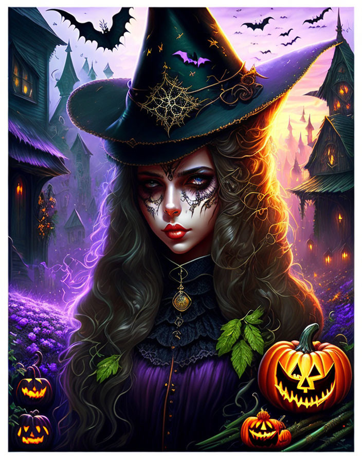 Digital art portrait of woman in witch costume with spiderweb motif, Halloween pumpkins, bats, and