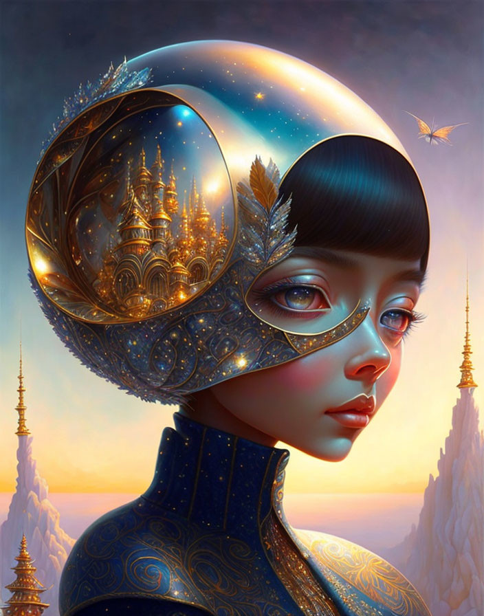 Surreal portrait: woman with cosmic head, golden castle, stars, butterfly