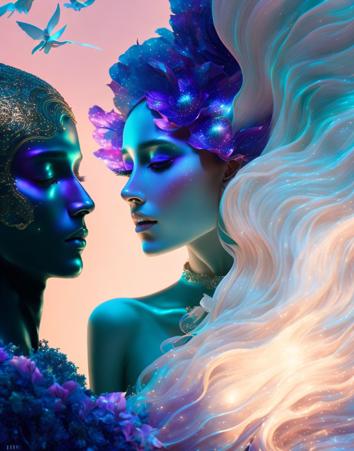 Vibrant digital artwork featuring two women with flowing hair and floral adornments in purple, blue,