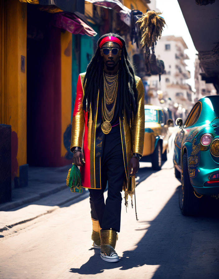 Person with Long Braided Hair in Stylish Outfit Walking Down Vibrant Street