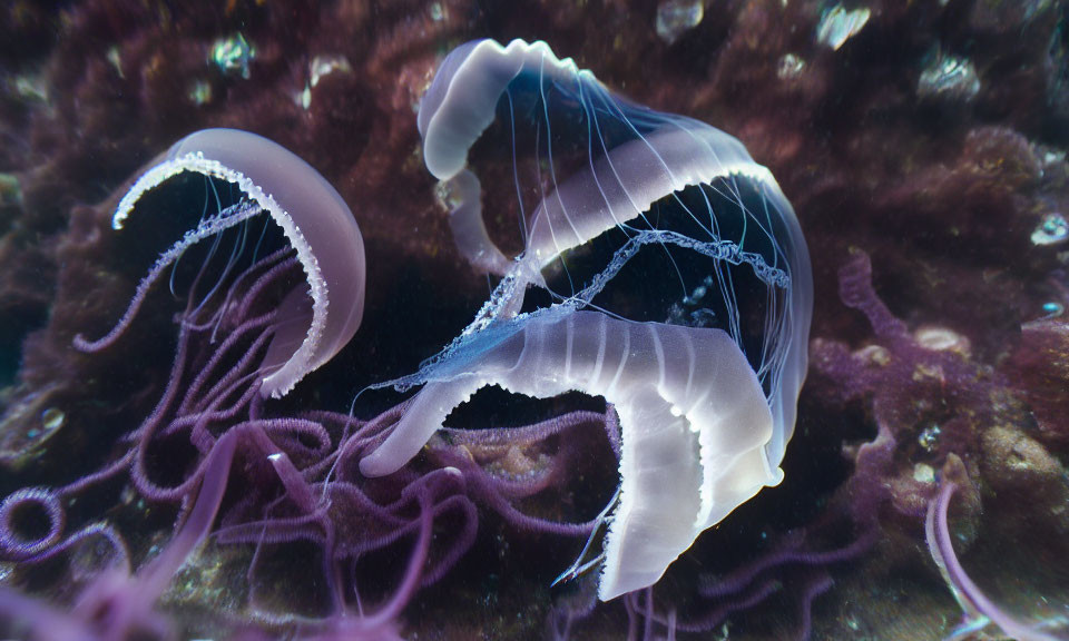 Ethereal jellyfish swimming over coral bed