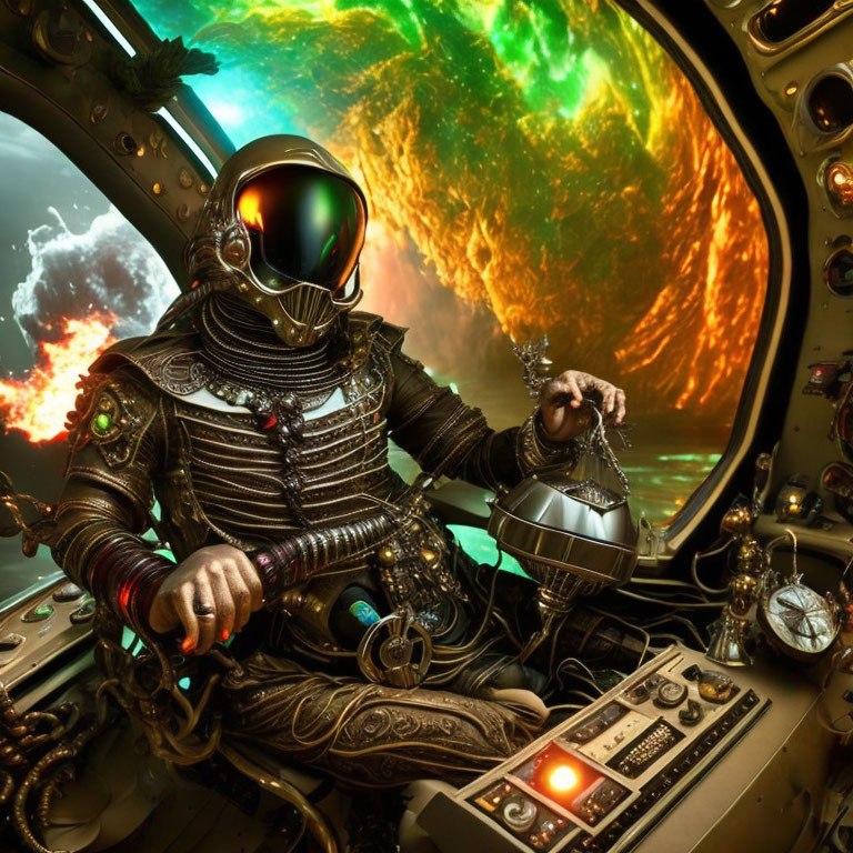 Futuristic astronaut in spacecraft with colorful nebula view