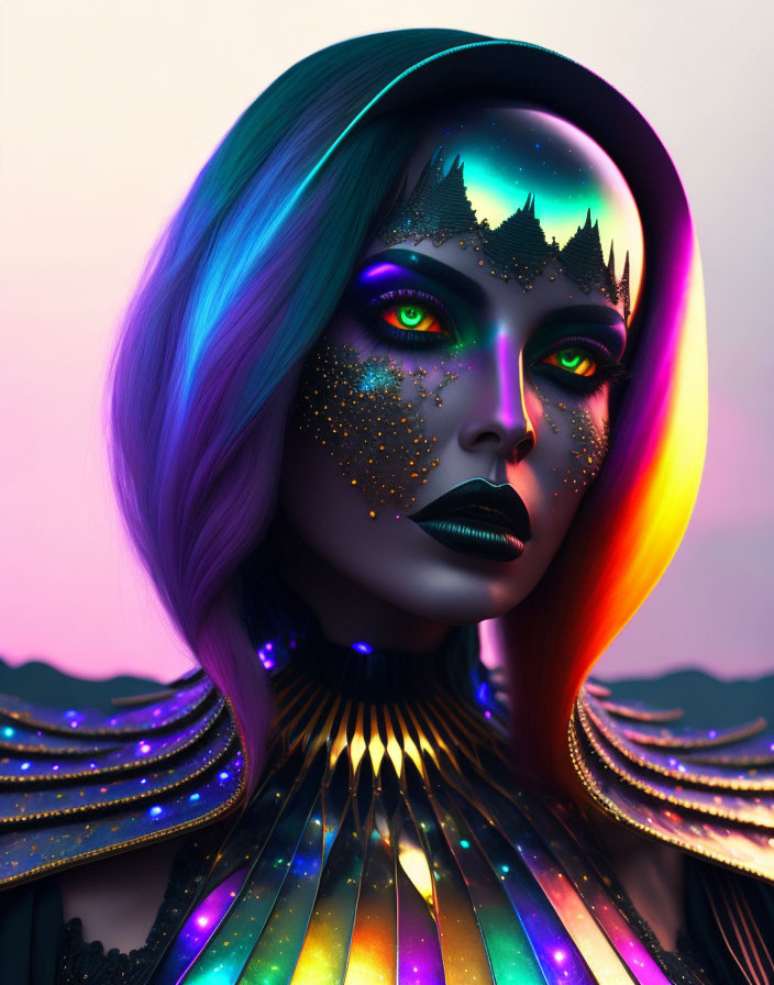 Iridescent Hair Woman with Galaxy Makeup and Futuristic Collar