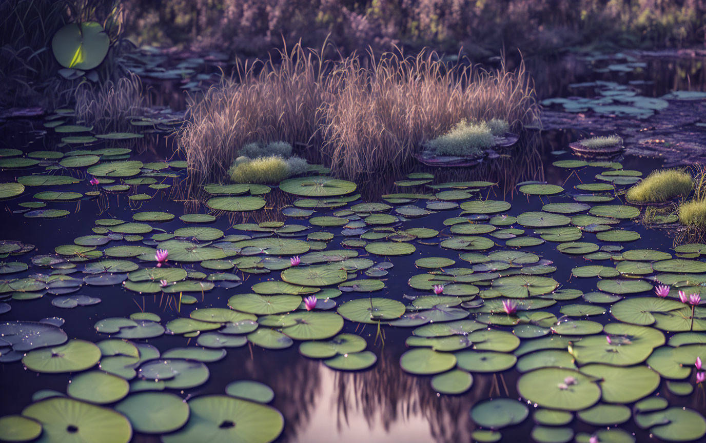 Tranquil Pond with Green Lily Pads and Pink Water Lilies