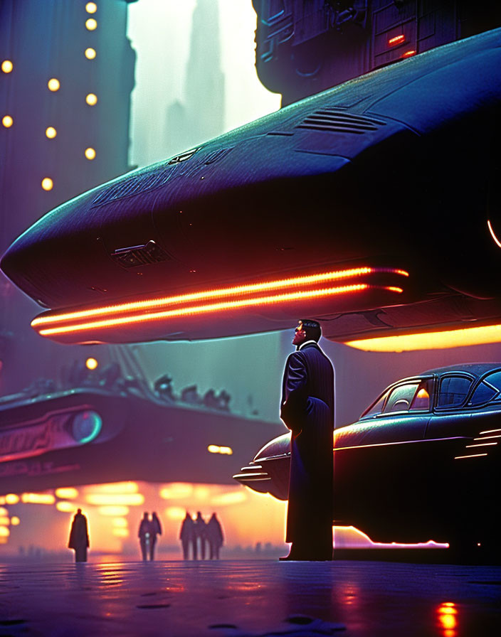 Futuristic sci-fi cityscape with neon-lit vehicle at dusk