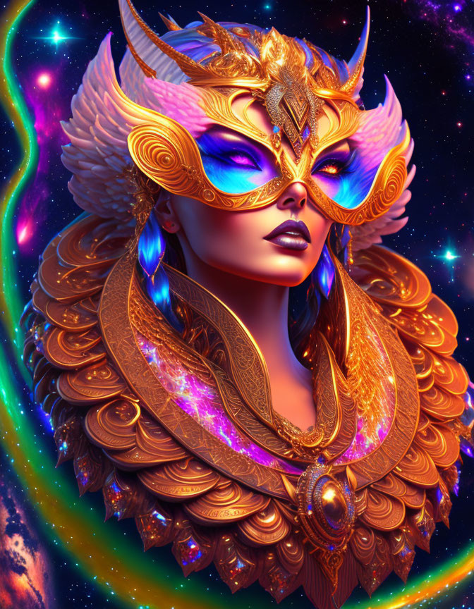 Illustration: Woman in golden mask and headdress against cosmic backdrop