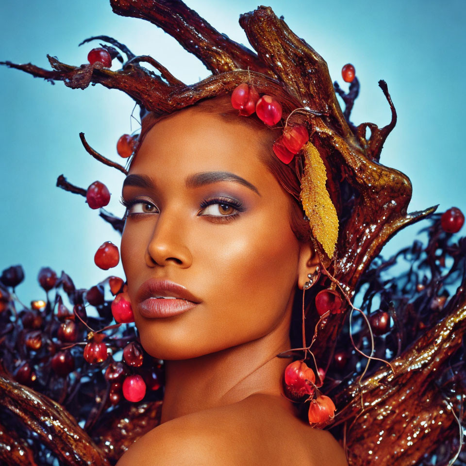 Woman with artistic makeup and twig & berry headdress on blue background