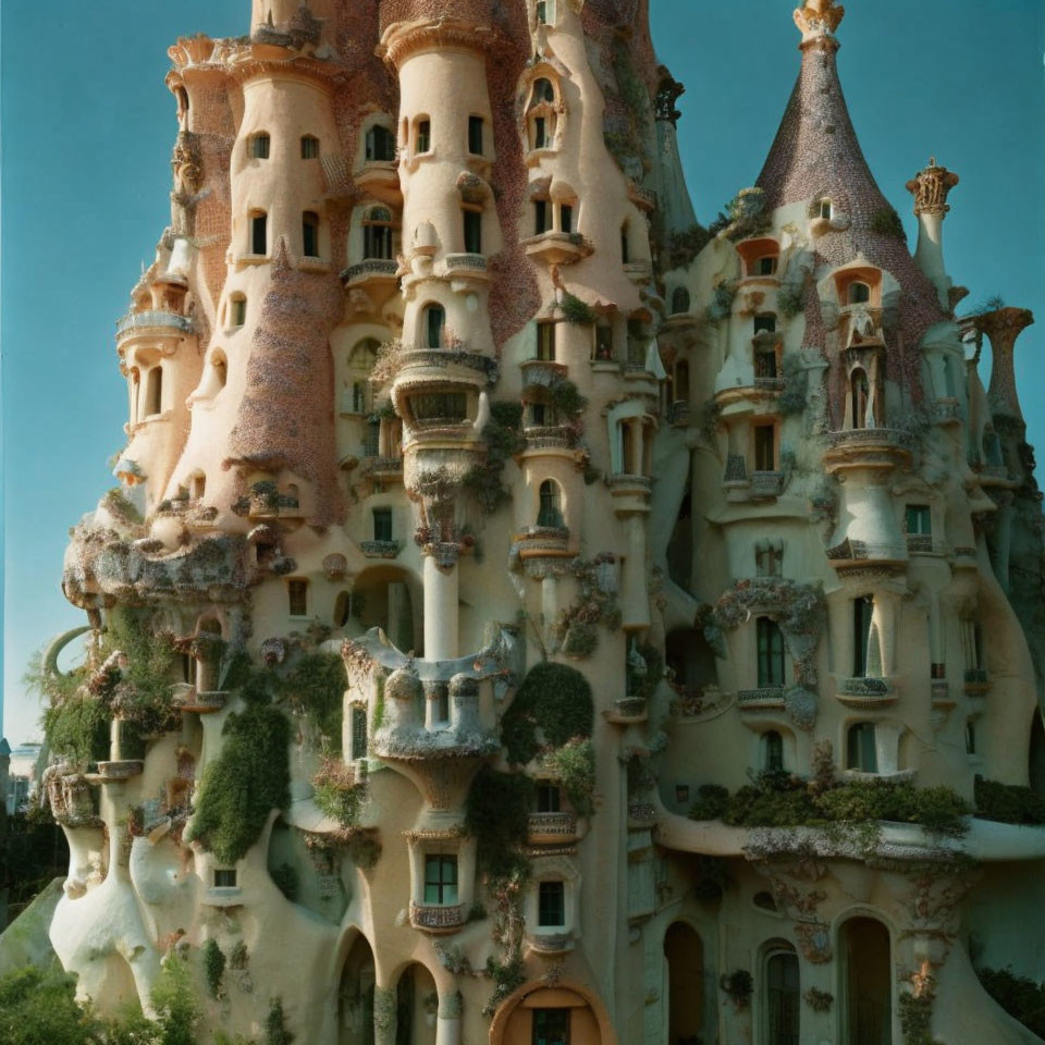 Fantastical castle with intertwined towers and spiraling turrets in fairy-tale setting