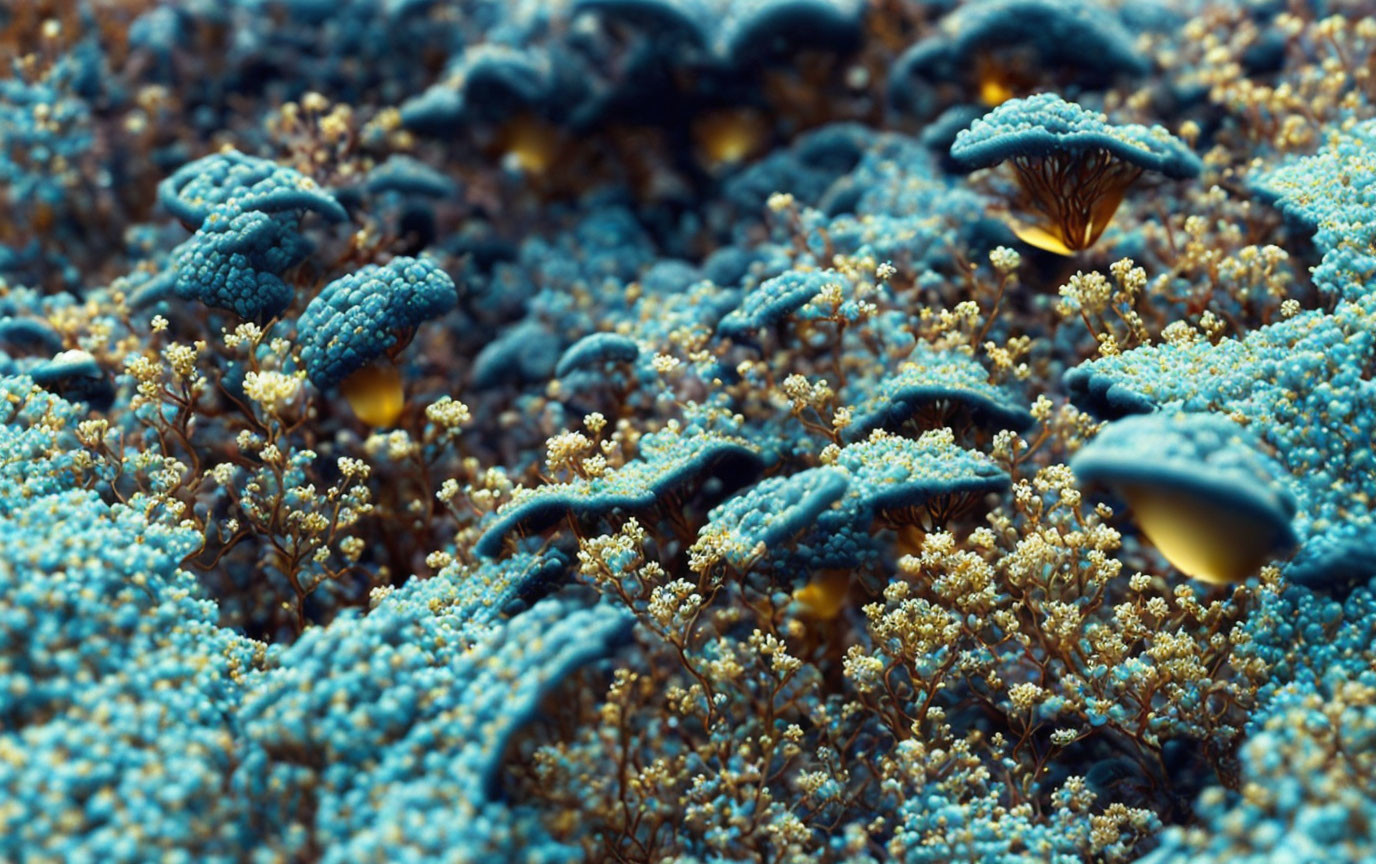 Close-up of vibrant blue and yellow fungi in mossy undergrowth