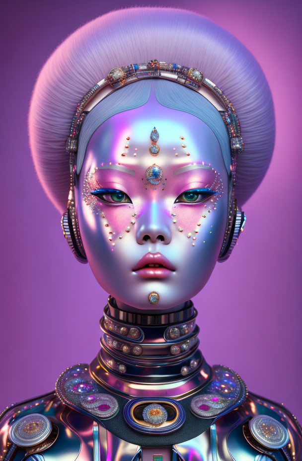 Female android with blue complexion and ornate jewelry on purple background