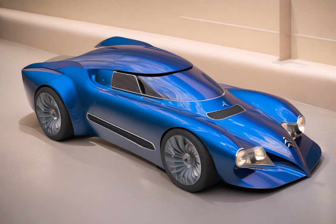 Blue Futuristic Concept Car with Large Wheel Arches and Black/Silver Trim