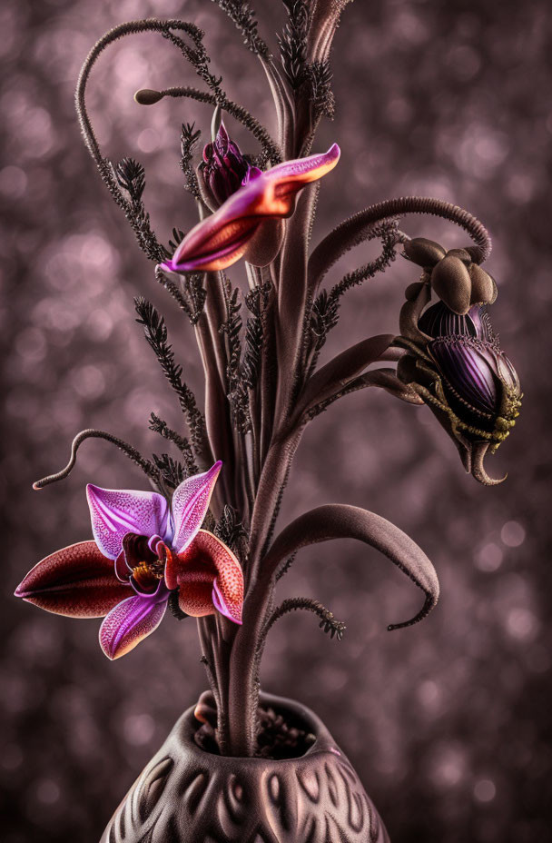 Vibrant purple orchids in textured vase on bokeh background