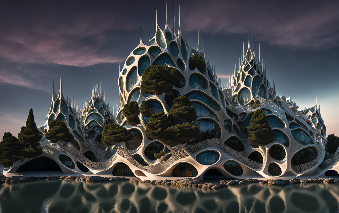 Futuristic organic architecture with spherical spaces and spiky towers against sunset sky and water body.