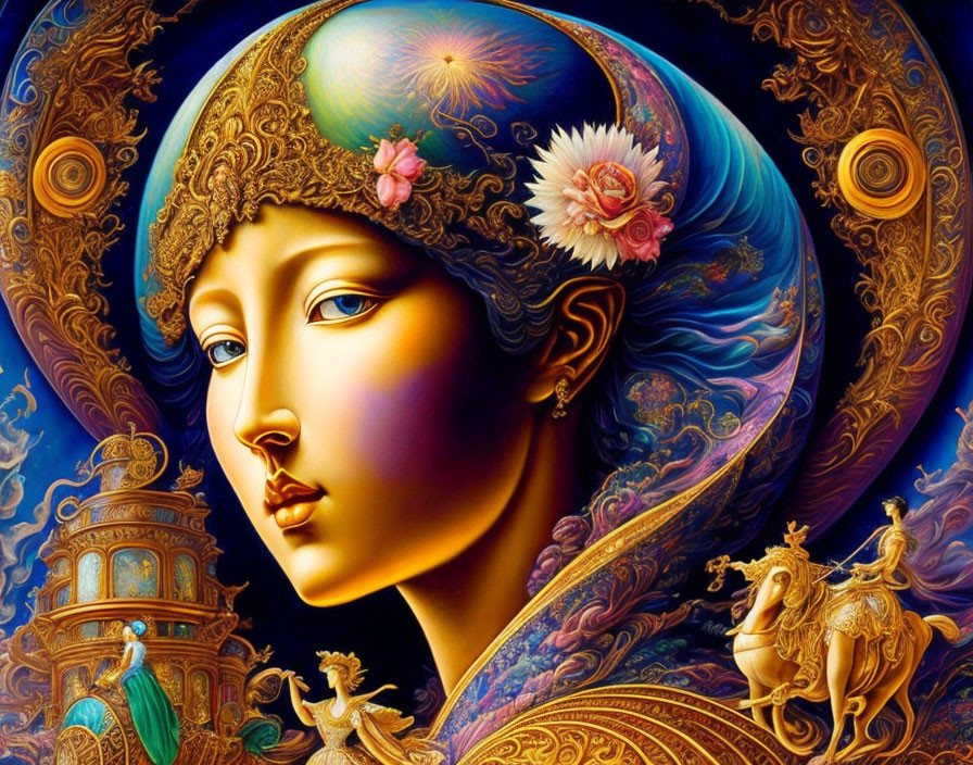 Woman with ornate headdress in vibrant digital art