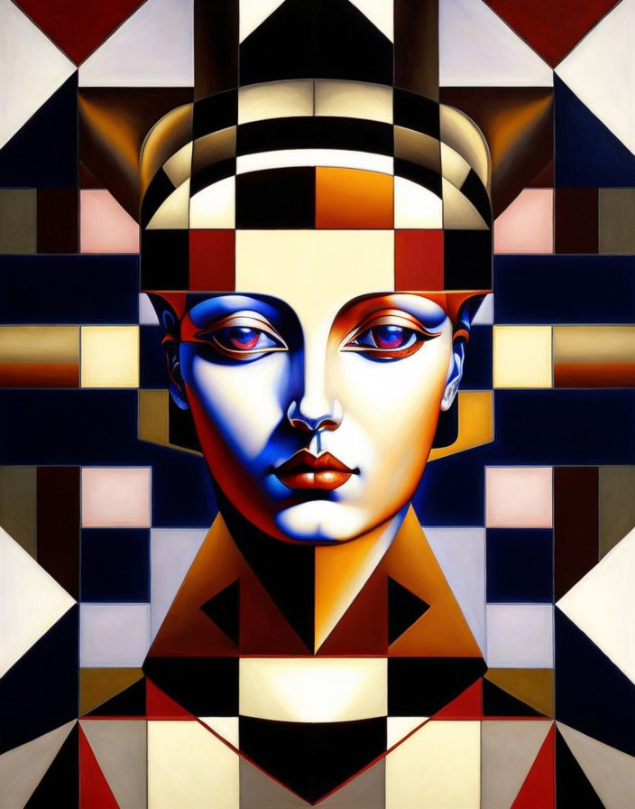 Symmetrical Face in Cubist Style with Geometric Patterns